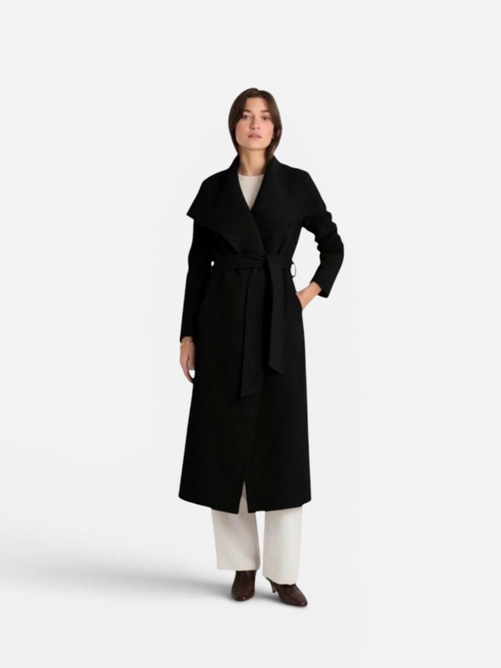 Quince Merino Wool Double Faced Draped Collar Wrap Coat Black NWT